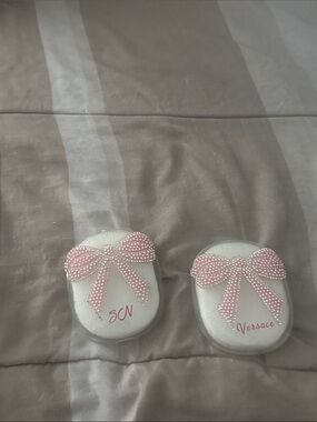 Versace White Powder Puffs with Pink Pearl Bow Embellishments